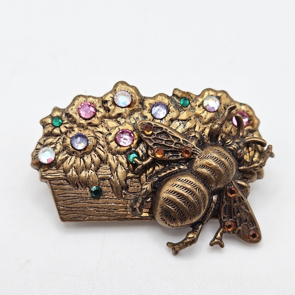 Vintage Jewelry - VINTAGE Bronze Tone Rhinestone Accent Bumblebee Bee Flower Box Brooch Pin